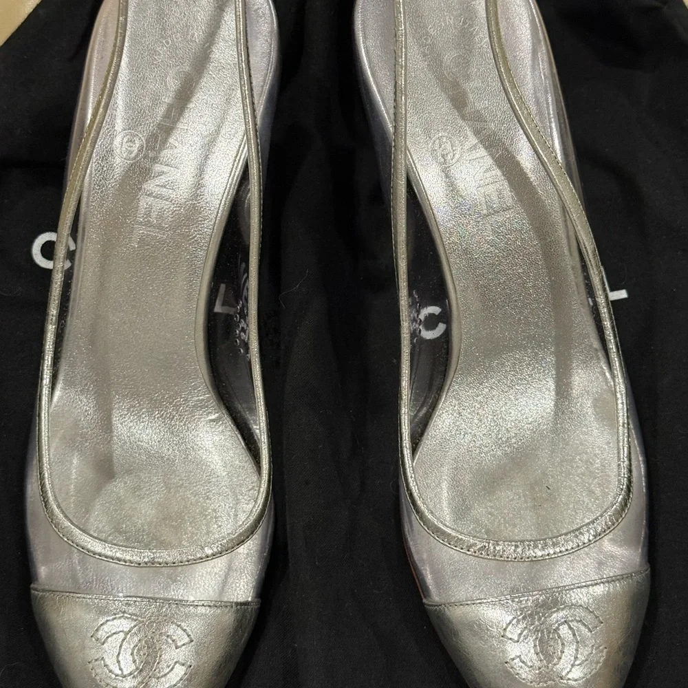Vintage Chanel Silver Cap Toe Leather and PVC Pumps